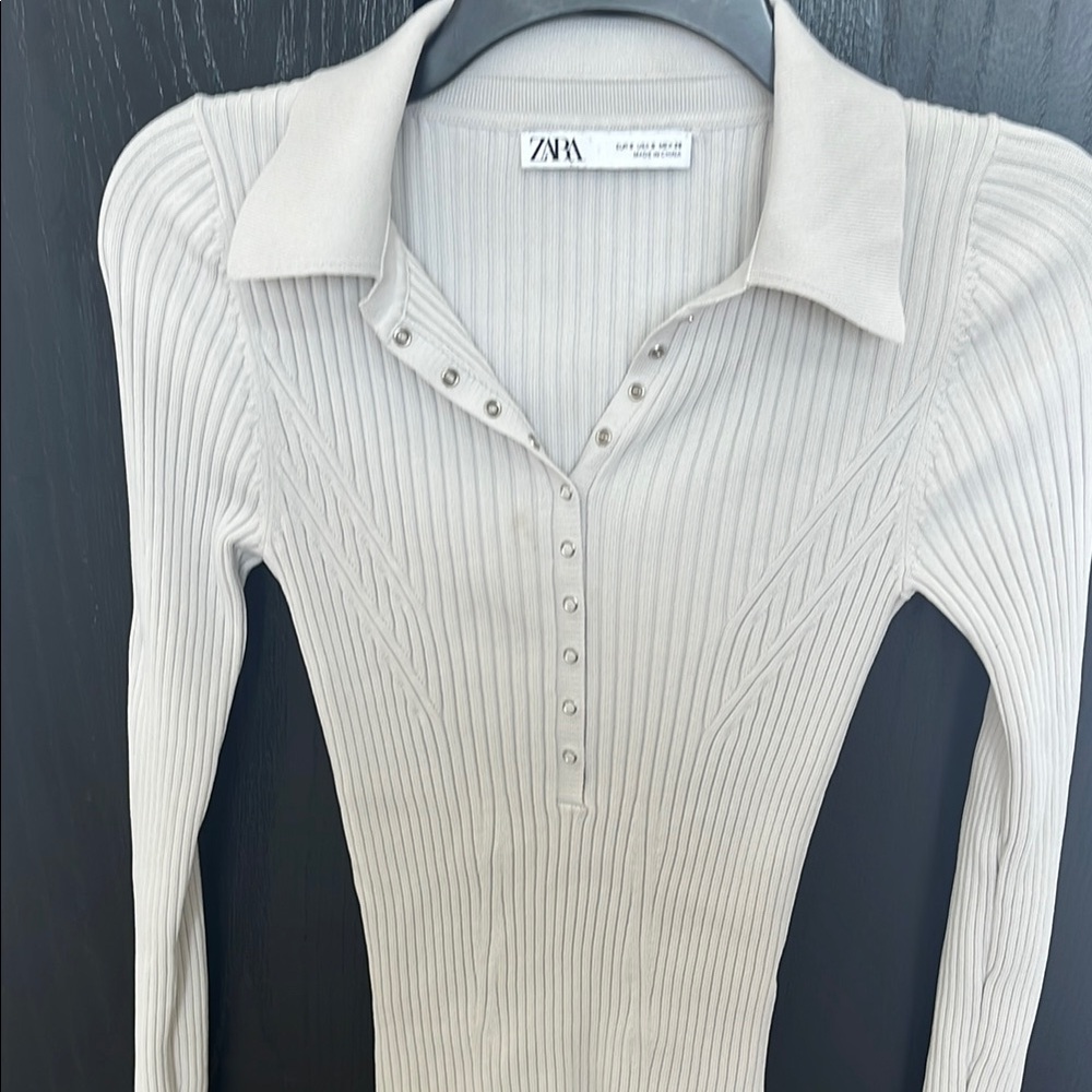 Zara Cream Ribbed Collared Top